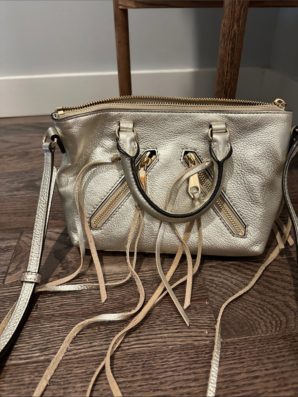 Rebecca Minkoff Metallic Gold Leather Satchel with Fringe Detail